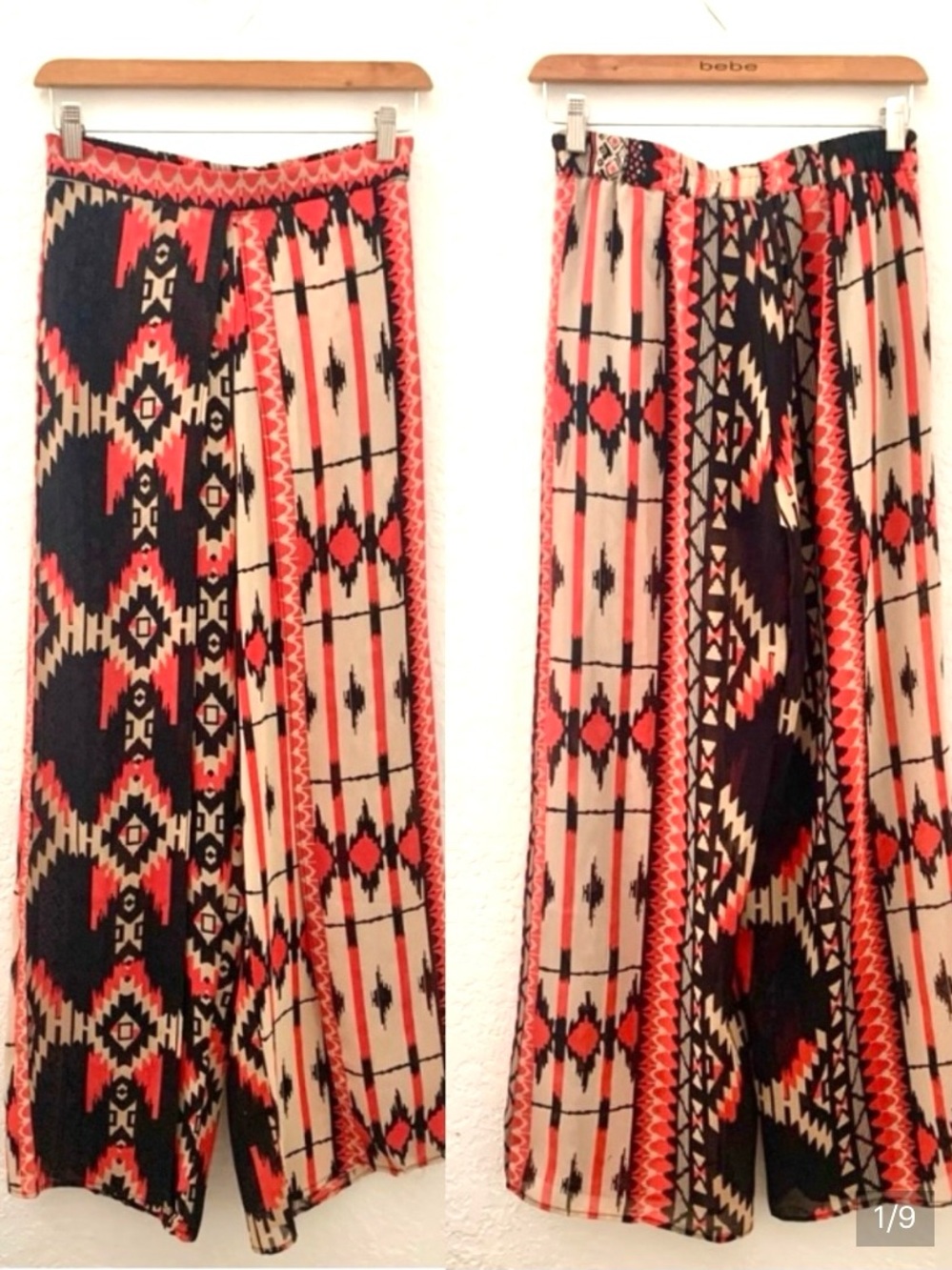 Coral, Black & Cream Aztec Ikat Wide-Leg Pants